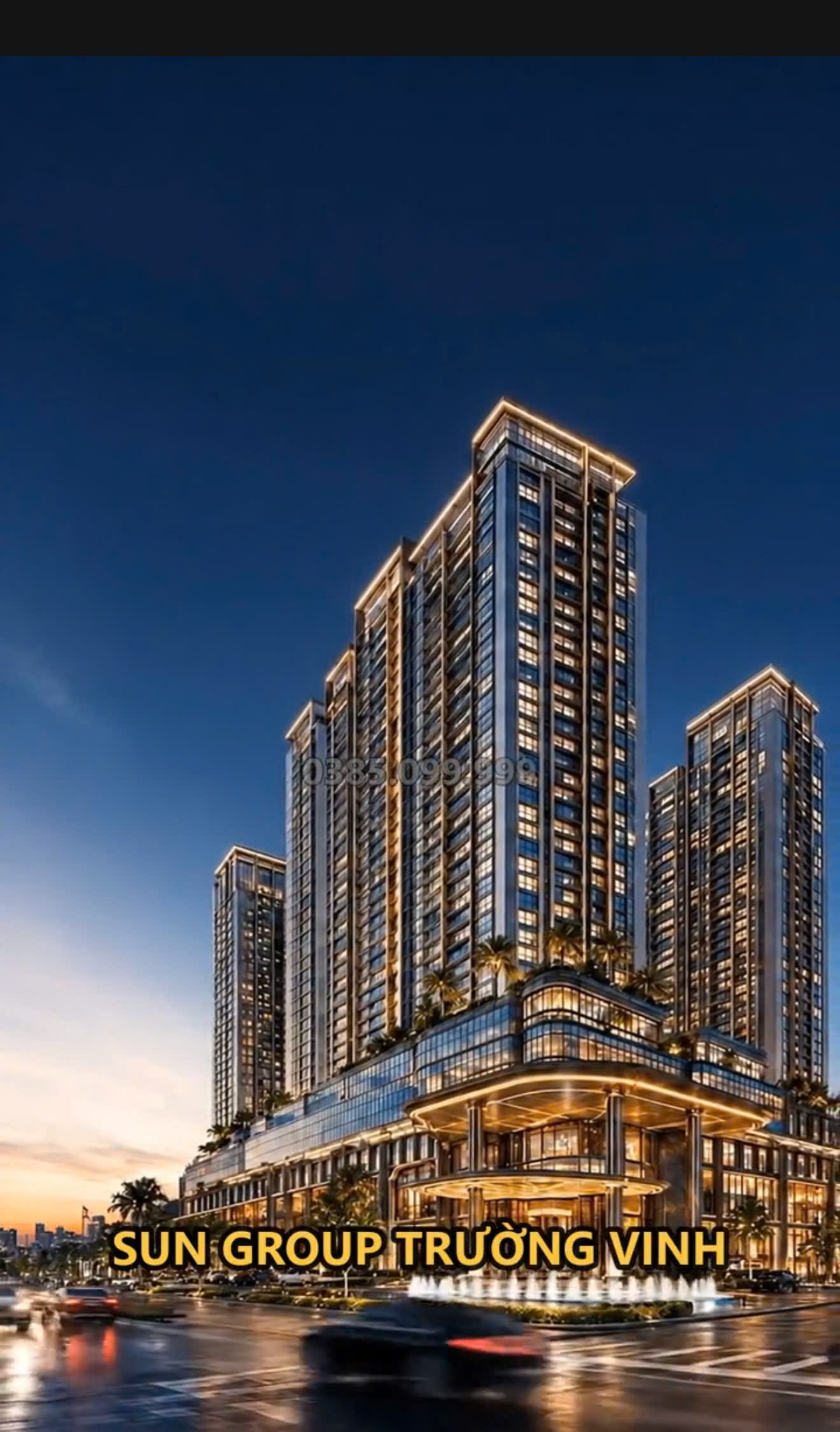 Phối cảnh tòa tháp căn hộ cao cấp Sun Group Trường Vinh về đêm