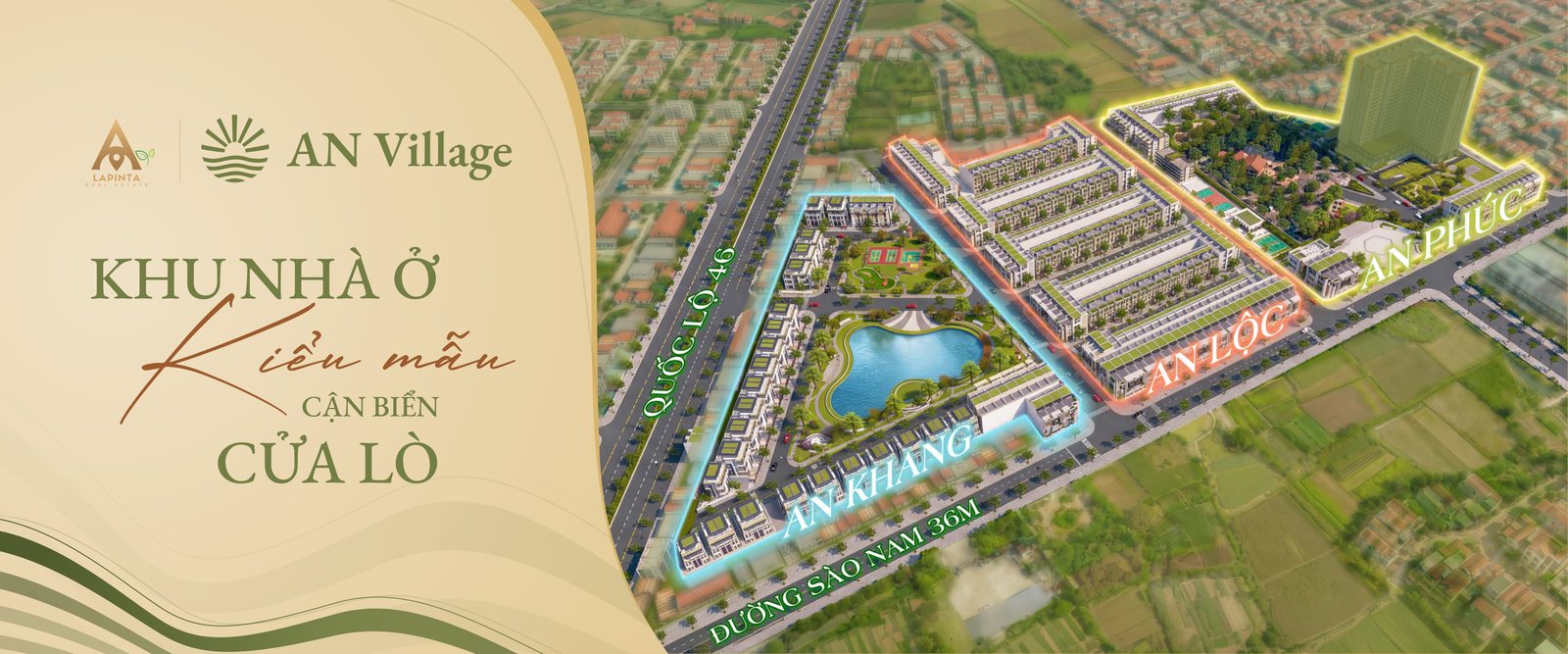 Phối cảnh tổng thể và phân khu An Khang - An Lộc - An Phúc dự án La Pinta Cửa Lò (AN Village) bám Quốc lộ 46 và đường Sào Nam