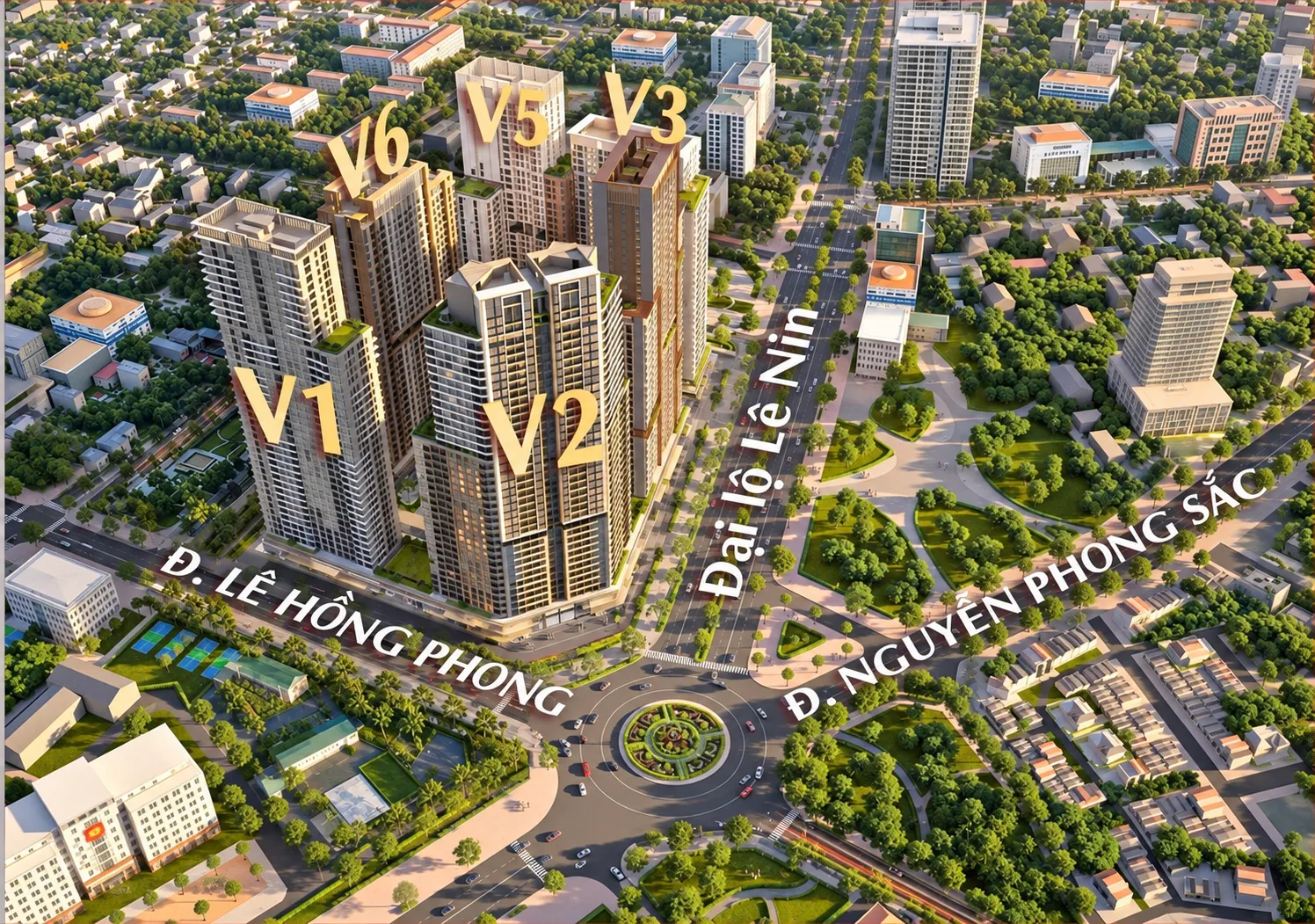 Phối cảnh dự án Sun Group Trường Vinh với 5 tháp V1, V2, V3, V5, V6 tại nút giao Đại lộ Lê Nin – Lê Hồng Phong – Nguyễn Phong Sắc, TP Vinh