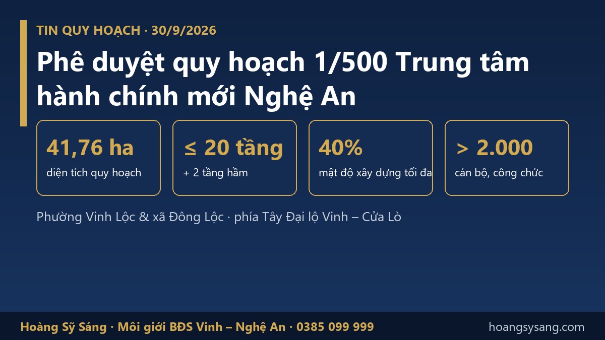Trung tâm hành chính mới Nghệ An được phê duyệt quy hoạch chi tiết 1/500 ngày 30/9/2026, 41,76 ha tại Vinh Lộc – Đông Lộc