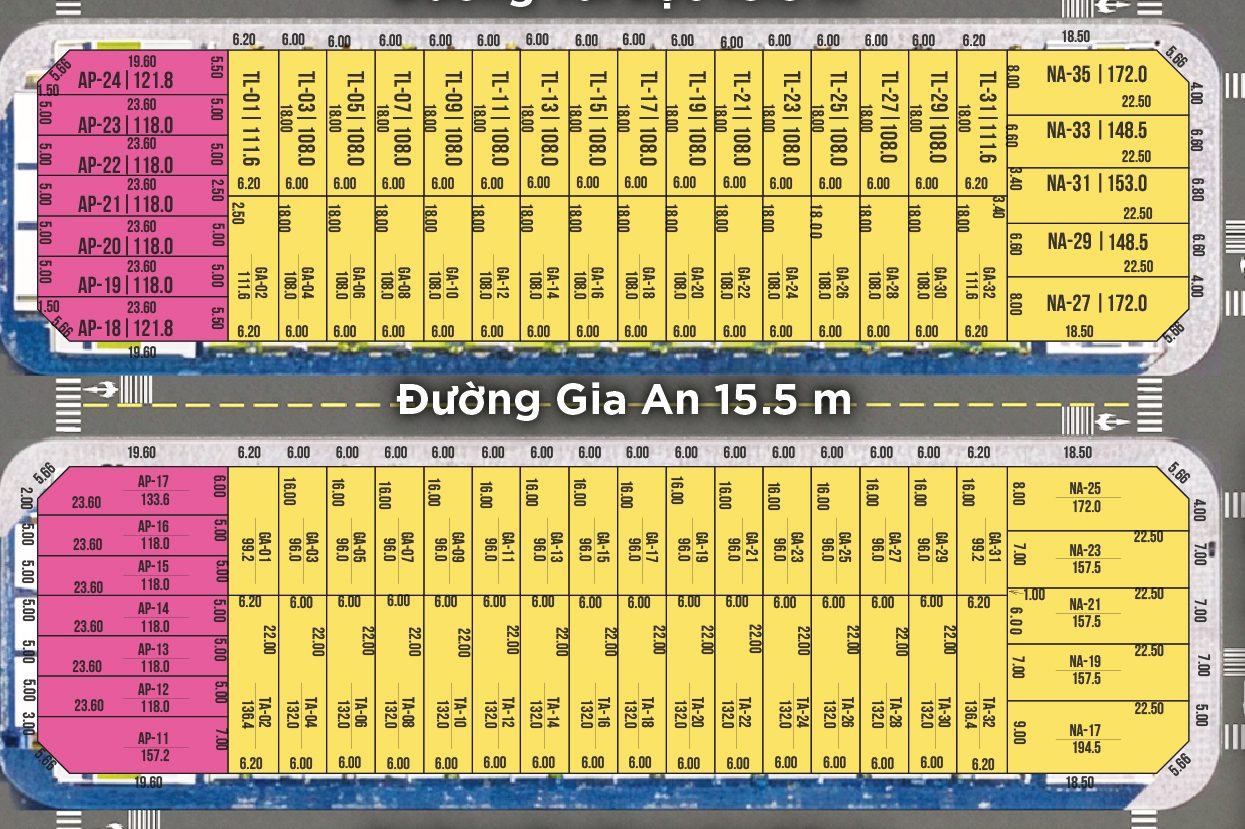Kích thước lô đất nền Cửa Lò tại AN Village, liền kề: 6x16 m (96 m²), 6x18 m (108 m²), lô đầu dãy 148,5–194,5 m²