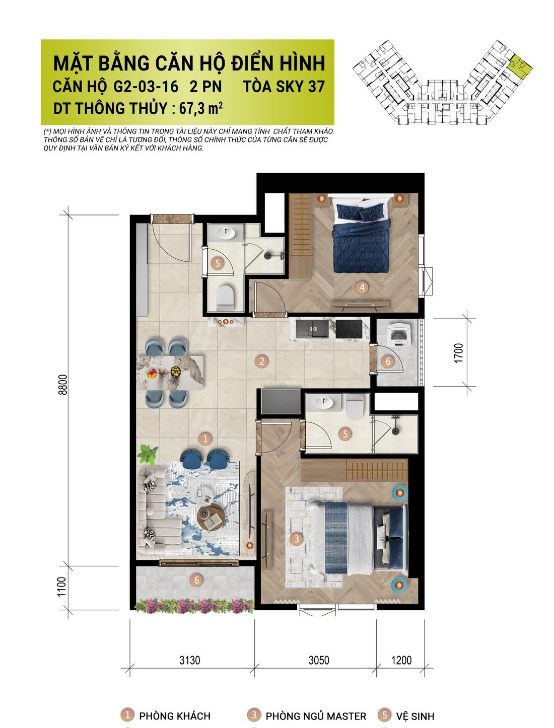 Mặt bằng căn 2 ngủ Sun Glory Residence G2-03-16, 67,3 m² tòa Sky 37
