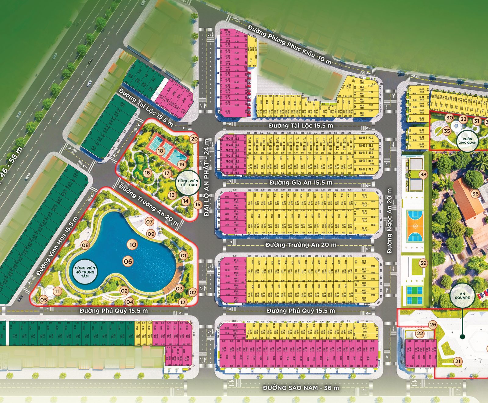Mặt bằng phân lô đất nền AN Village Cửa Lò: biệt thự, shophouse, liền kề và công viên hồ trung tâm