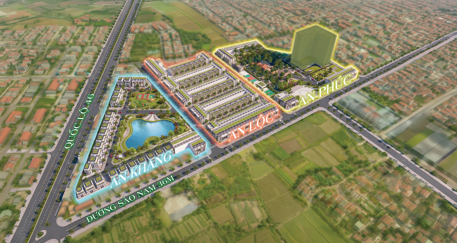 Phối cảnh tổng thể dự án đất nền Cửa Lò AN Village (Lapinta) với 3 phân khu, hồ trung tâm, bám đường Sào Nam và Quốc lộ 46