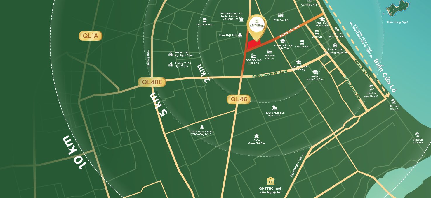 Bản đồ vị trí AN Village Cửa Lò giao đường Sào Nam và Quốc lộ 46, cách biển Cửa Lò khoảng 2,5 km